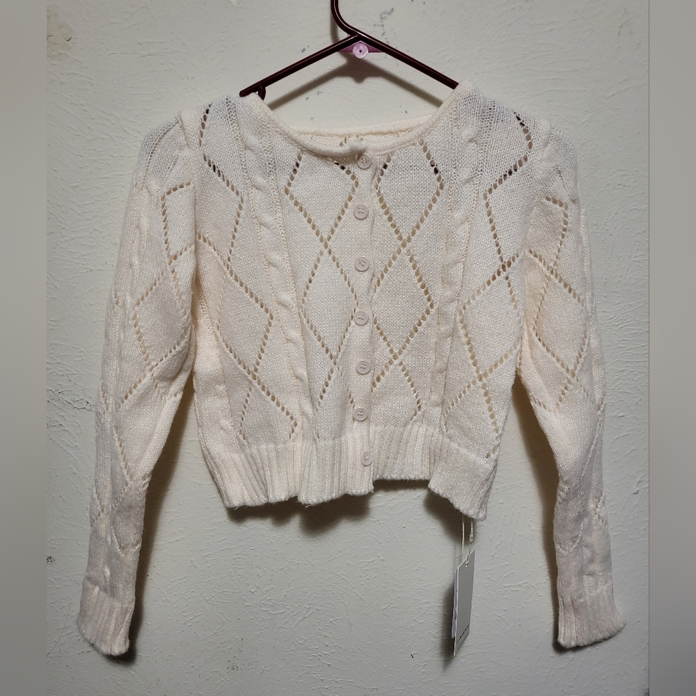 Diamond Eyelet Knit Cream Cardigan Top